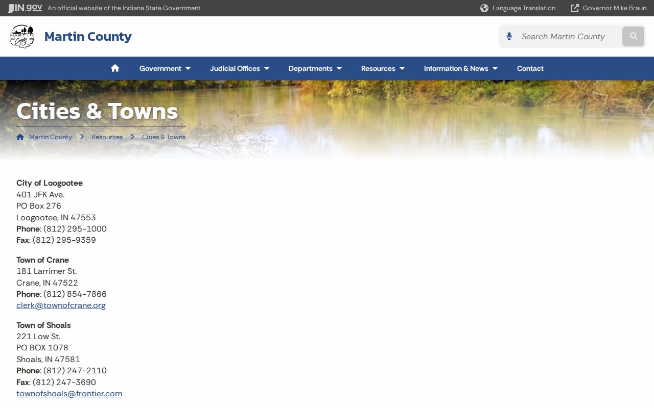 Martin County directory listing for Loogootee municipal contact information