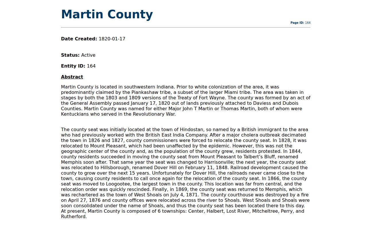 Indiana State Archives history entry for Martin County and its county seat