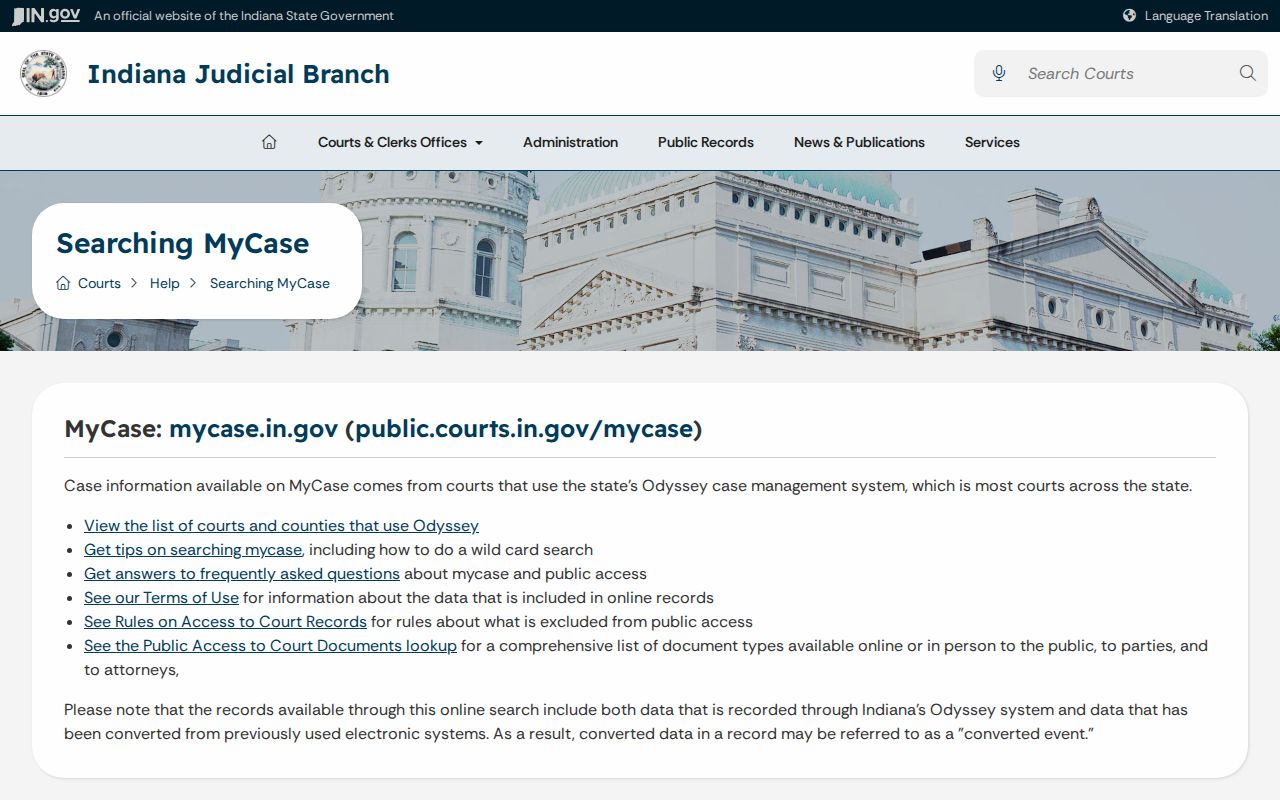 Indiana MyCase help page explaining limits on Martin County public case information