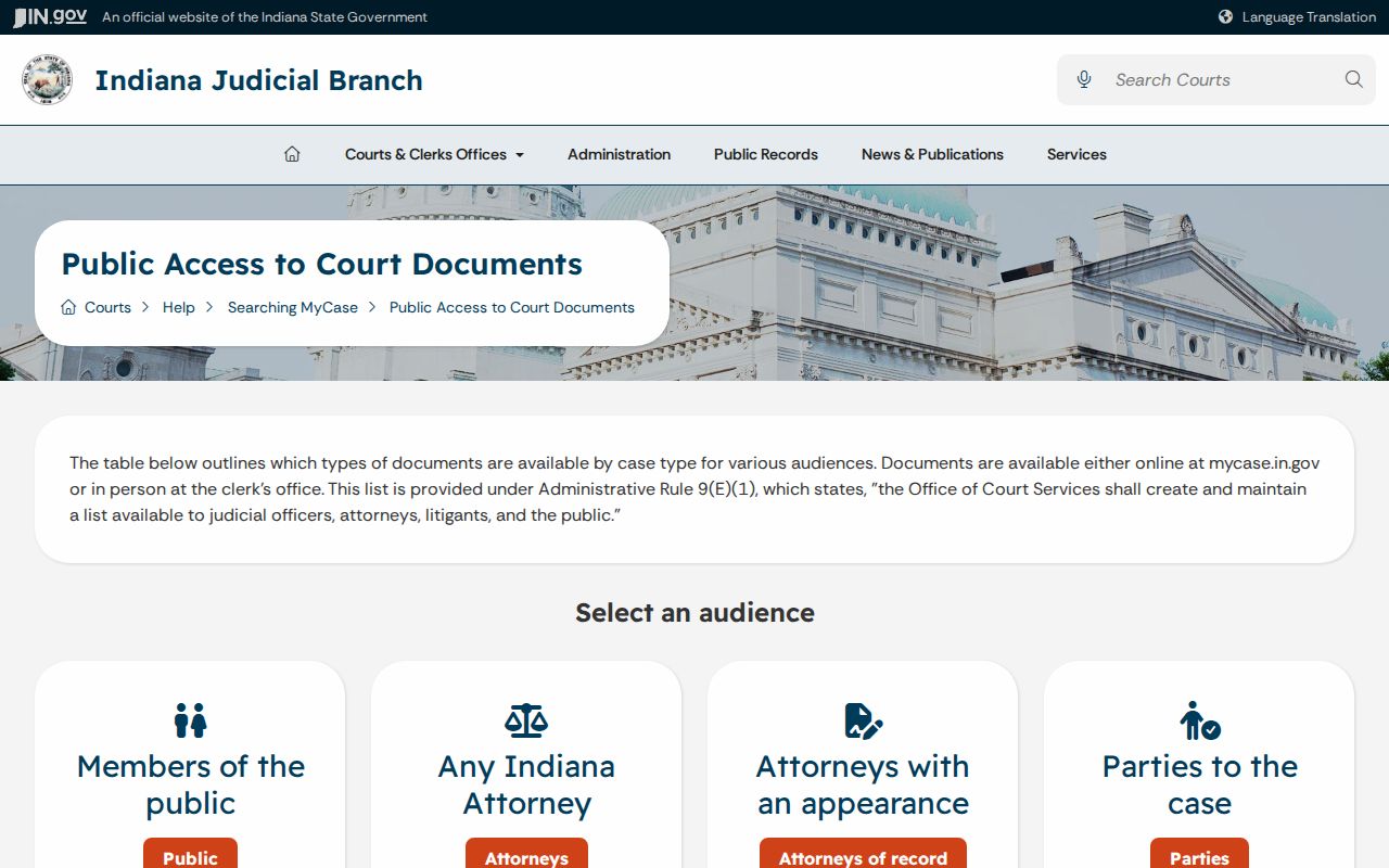 Official MyCase public access matrix for Martin County case types
