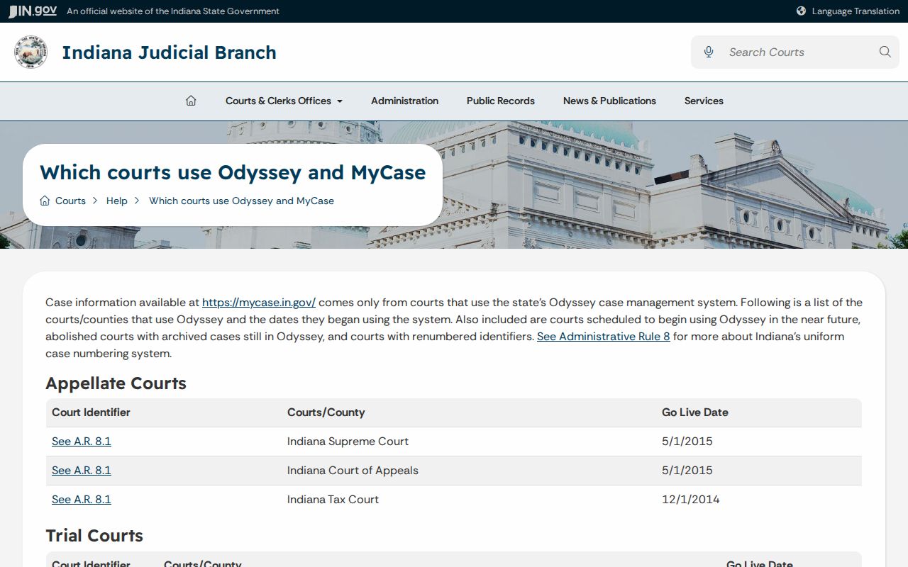 Official Odyssey courts listing used to identify Martin Circuit Court 1